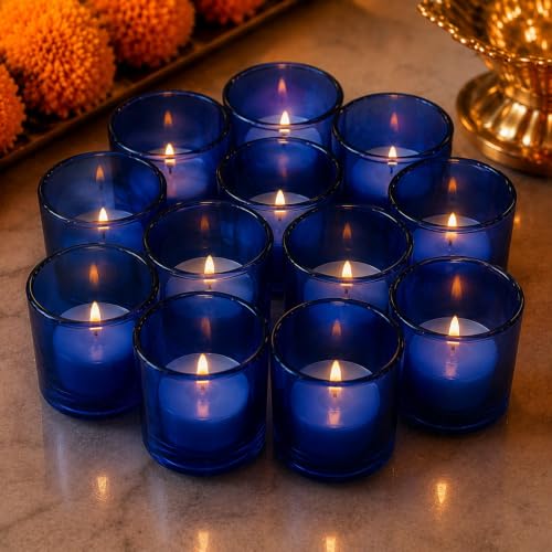 Image of Pure Source India Set of 12 Glass Votive Tealight Candle Holders - Home Decoration (Glass, Pack of 12, Blue)