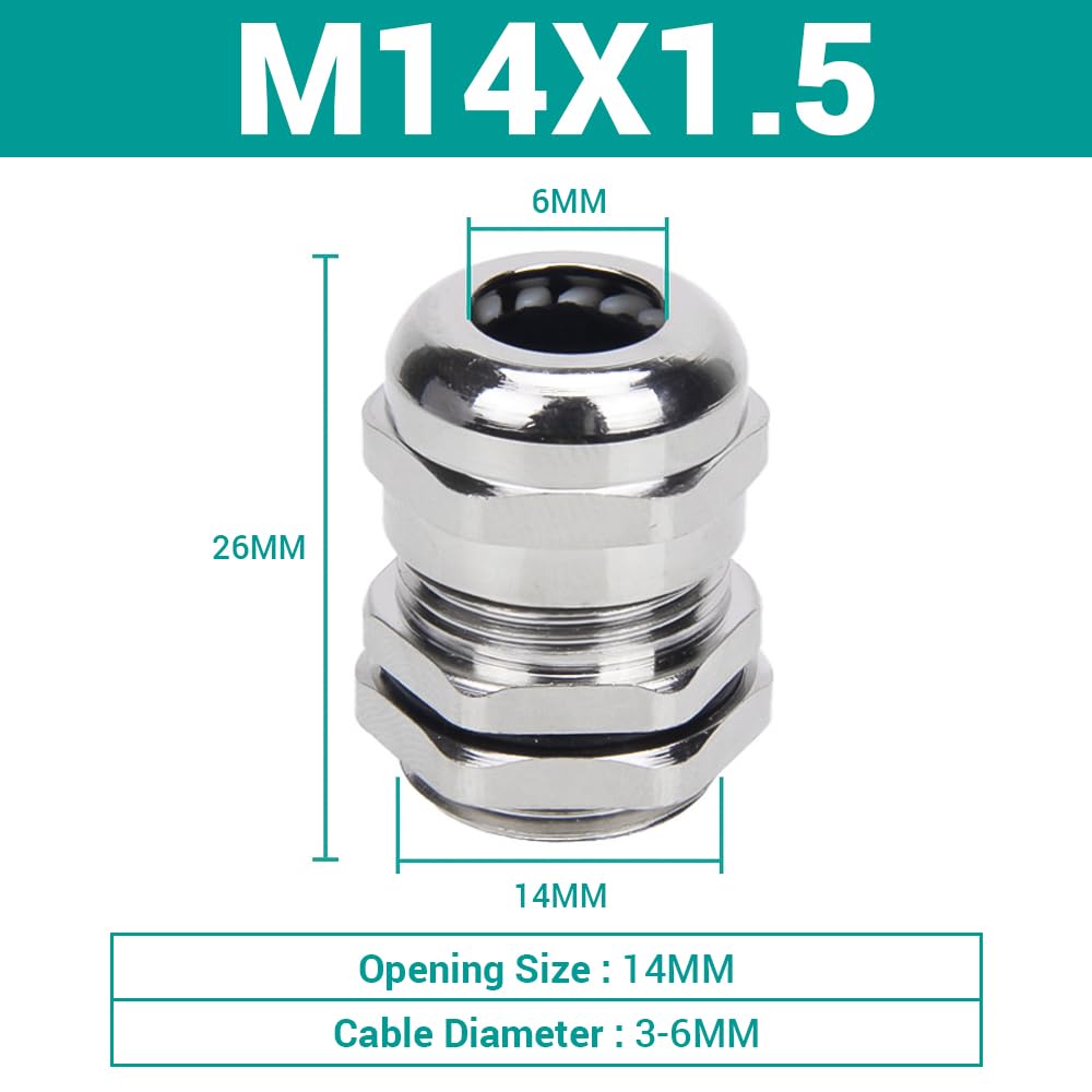 10Pcs Presse-étoupe M14, Presse-étoupe étanche en laiton nickelé, IP68 Presse-étoupe ajustable, connecteurs de cordon avec joints et contre-écrous 3-6mm de diamètre
