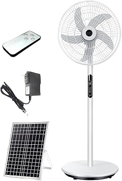 16" Pedestal Fan with Remote, Solar Panel Exhaust DC Fan, Outdoor Fans Portable with Solar Panel & Power Adapter, 2 Charging Methods, 3 Speeds, for Home Warehouse,White