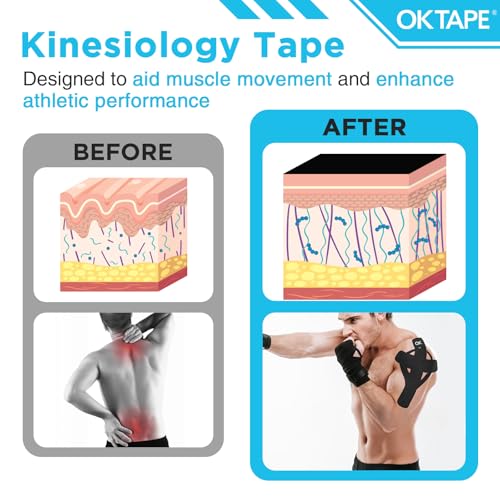 Image of OK TAPE 100Pcs Precut Kinesiology Tape Strips, Elastic Athletic Tape | for Joints Support & Muscle Pain Relief, Waterproof, Kinetic Tape for Shoulder, Knee, Ankle (Black, 2 inch x 10 inch)