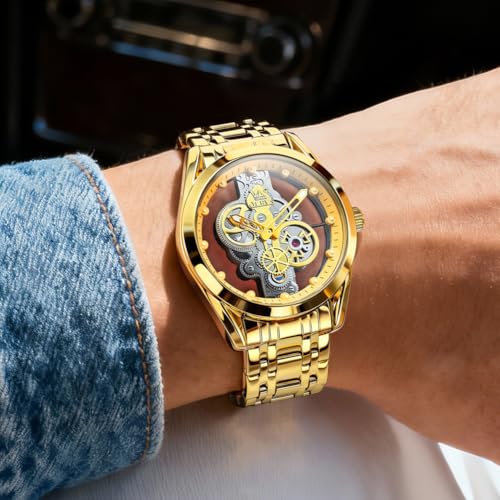 Image of OLEVS Mens Watch Luxury Skeleton Stainless Steel Fashion Wrist Watch Business Dress Analog Date Waterproof Luminous Gift Watch for Male