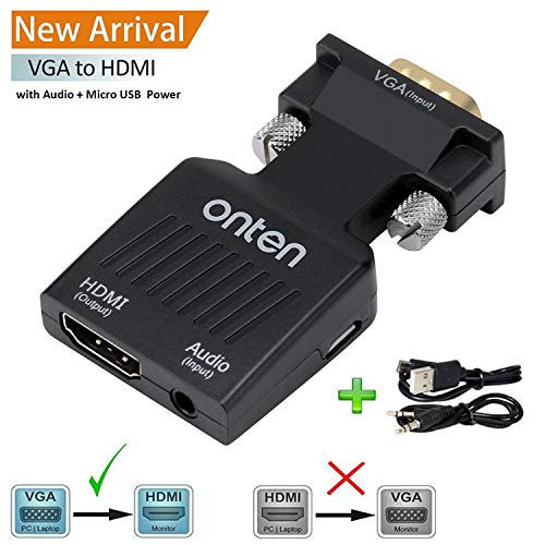 VGA to HDMI, Onten 1080P VGA Male to HDMI Female Audio Video Cable Converter Adapter for Computer, Desktop, Laptop, PC, Monitor, Projector, HDTV, Supply a Free Audio Cable and USB Cable (Black)