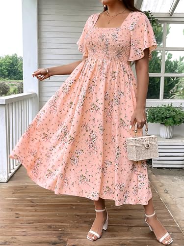 Image of Floerns Women's Plus Size Floral Square Neck Flounce Short Sleeve A Line Maxi Dress