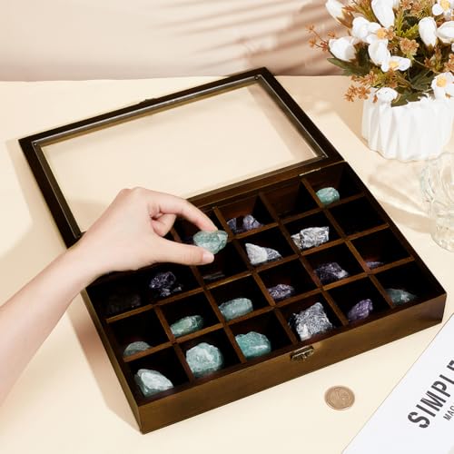 BENECREAT 24 rejillas marrones joyero vitrina ajustable de madera, organizador rectangular con tapa para conchas y coleccionables - imagen 3