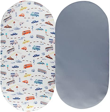 Tontukatu Bassinet Sheet Set 2 Pack Snug Fitted Cradle Fitted Sheets , Stretchy Ultra Soft , for Oval Rectangle Hourglass Bassinet Mattress , Unisex Boy Girl , Grey & Car