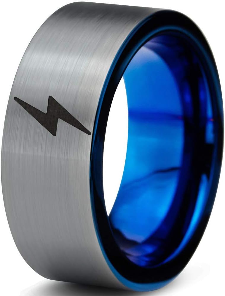 Flash Thunder Lightning Bolt Ring - Tungsten Band 8mm - Men - Women - 18k Rose Gold Step Bevel Edge - Yellow - Grey - Blue - Black - Brushed - Polished - Wedding - Gift Dome Flat