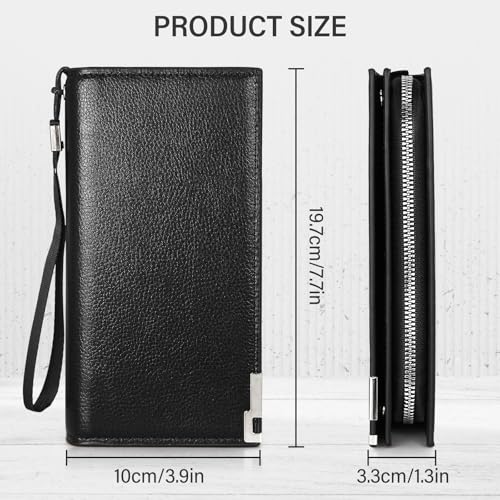 Wallet for Men, Long PU Leather Business Wallet Minimalist Credit Card Holder with Multi Slot and Zipper Pocket (Black, One Size)2