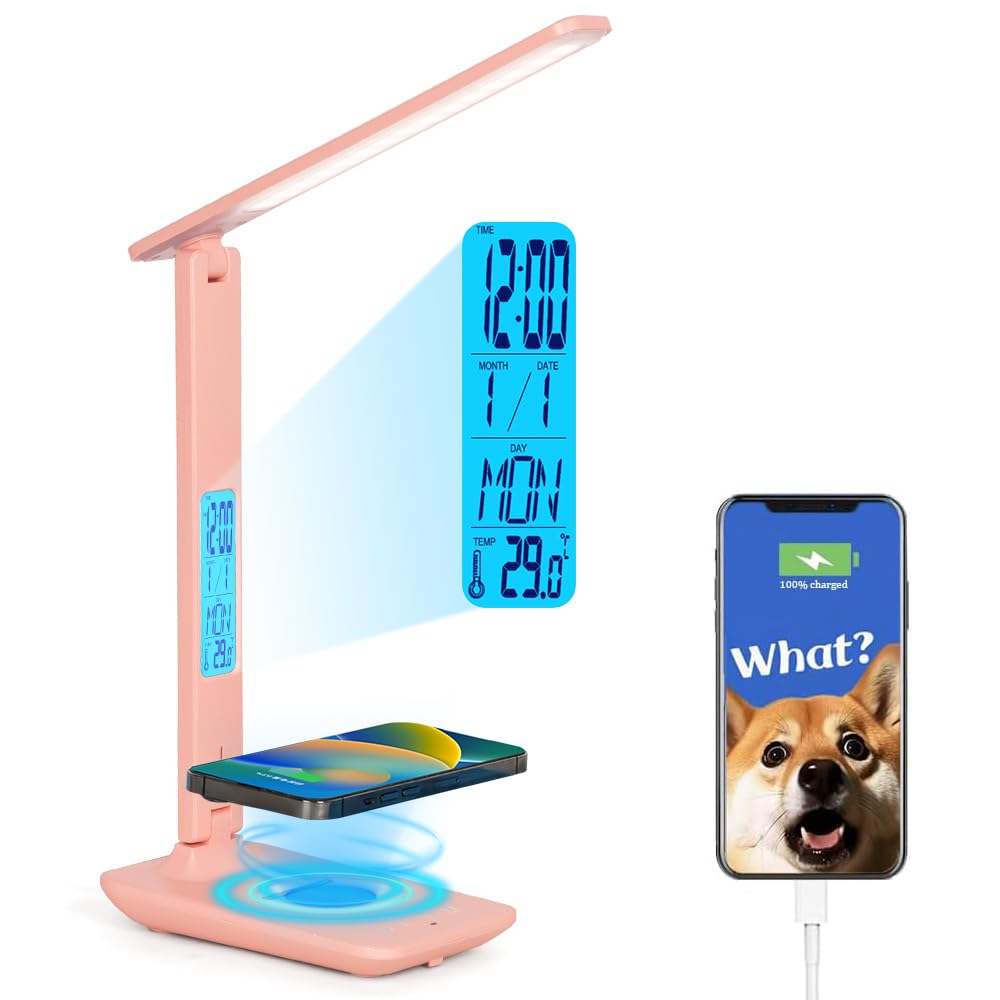 LED Desk Lamp, Desk Lamp with Wireless Charger, Table Lamp with Clock, USB Charging Port, Phone Holder