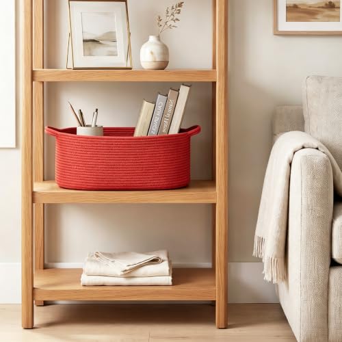 Image of Large Woven Gift Basket Empty, Red Cotton Rope Storage Bin with Handles, Dog Toy Box, Baby Nursery Organizer Bin, Decorative Shelf Basket, Blanket Storage, Room Decor, Red, 19.6 inchx11 inchx7.8 inch