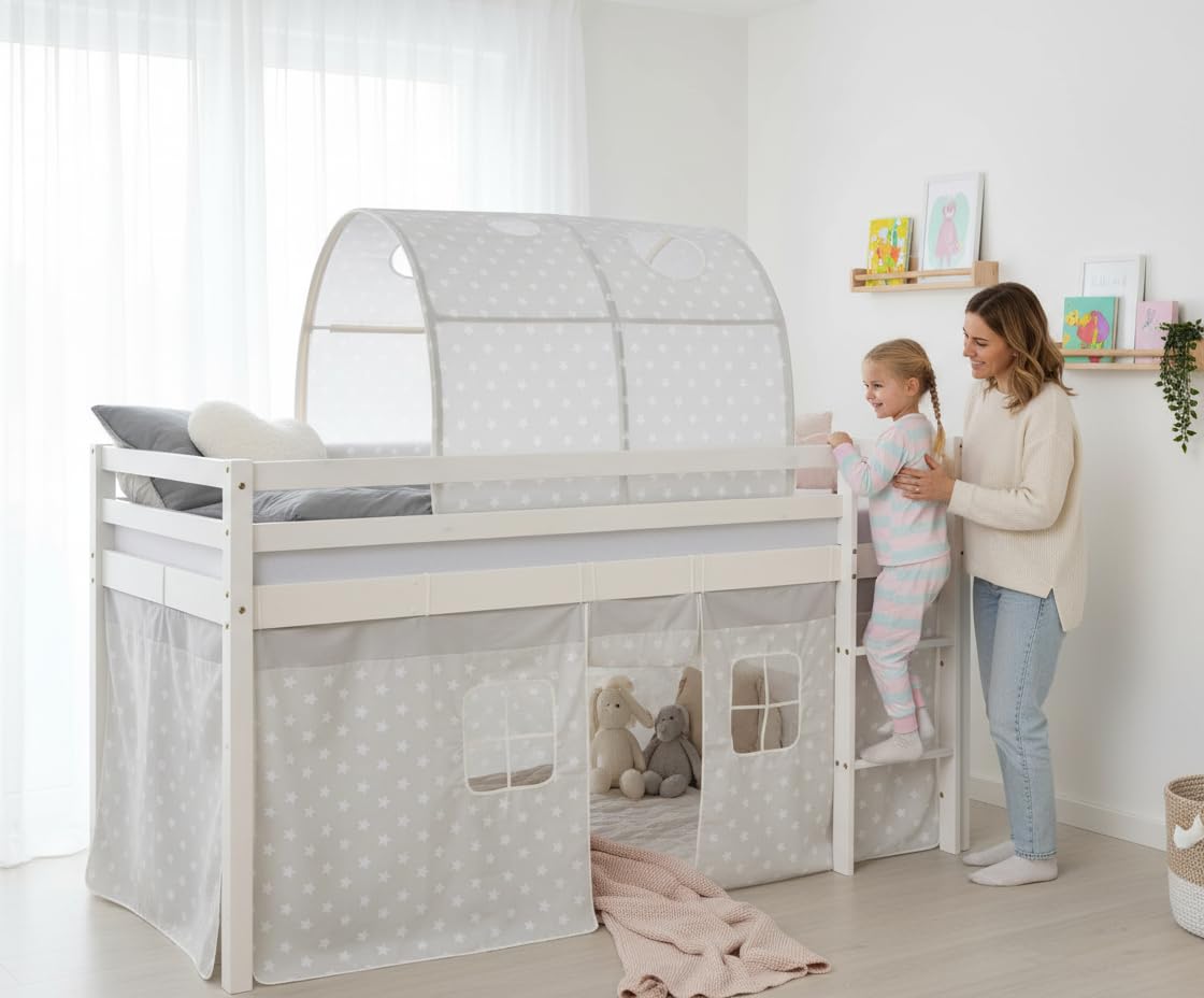 Homestyle4u 1889 – Kinderhochbett 90x200 cm in Weiß/Grau mit Leiter, Tunnel und Vorhang (Sterne-Design) aus Kiefernholz