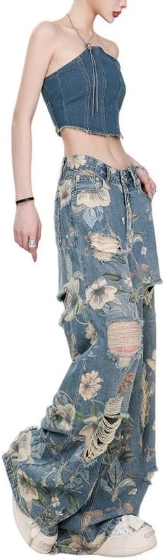 Y2K Jeans for Women Baggy Vintage Flower Ripped Pants High Waisted Grunge Coquette Jeans Straight Wide Leg Clothes - Image 3