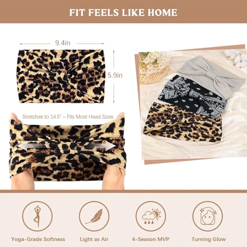 Image of Wide Headbands for Women Knotted No Slip Head Bands Soft Turban Headband Hair Accessories Boho African Solid Color Head Wraps for Women Yoga Workout Pack of 6