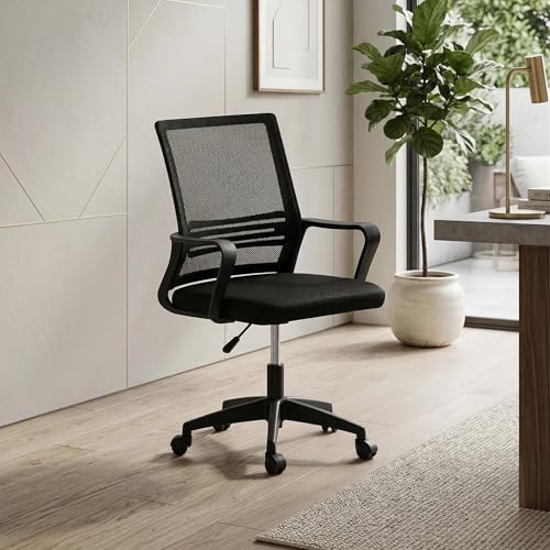 Image of Royaloak Alba Mesh Medium Back Chair | Ergonomic Office Chairs for Home with Breathable Nylon Mesh, Cushioned Seat, Fixed Armrests & Height Adjustment | 360 Swivel, Strong Base & Smooth Castors