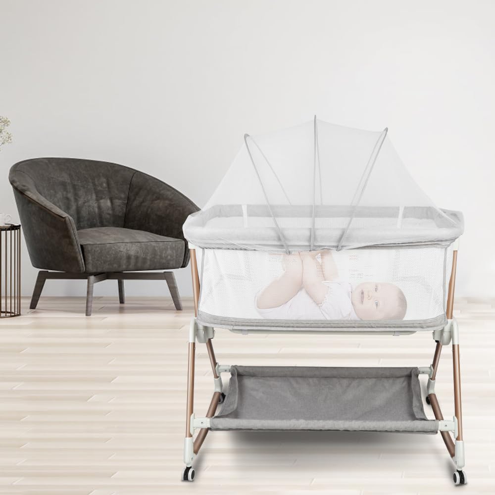 Kedia Babywiege mit Moskitonetz, Babybett & Reisebett mit Rollen, Babybetten mit Höhenverstellung, Babybetten für Ko-Schlafen (90 * 60 * 90-115cm)