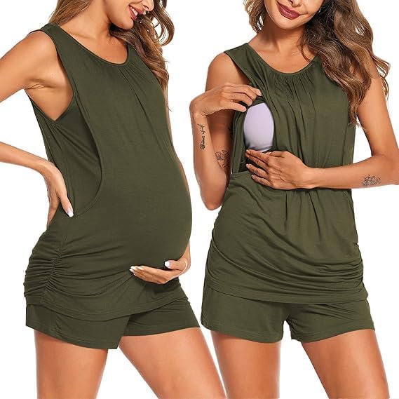 ELESOL Women Maternity Nursing Pajama Set Breastfeeding Double Layer Pregnancy Pjs Set Sleeveless Top & Shorts with Pockets