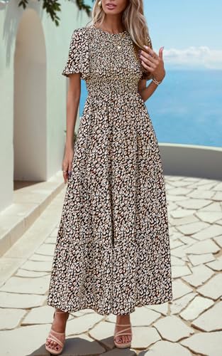 Image of PRETTYGARDEN Women's 2026 Summer Casual Flutter Short Sleeve Boho Floral Maxi Dress Crew Neck Smocked Tiered Long Dresses