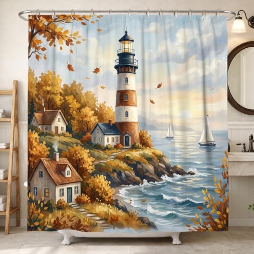 Rideau de douche imperméable et résistant motif rustique feuilles et phare