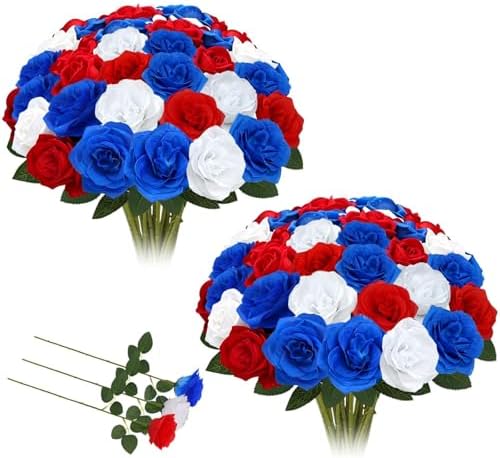 Amazon.com: Fairblo 50 Pcs Red White and Blue Flowers Artificial Roses ...