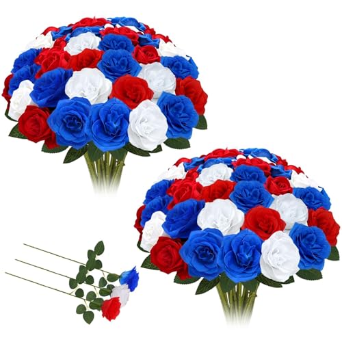 Fairblo 50 Pcs Artificial Red White and Blue Roses Patriotic