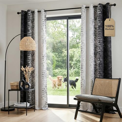 PONY DANCE Black and White Blackout Curtains for Bedroom & Living Room Patterned Ombre Curtains with Design 84 Inches Long for Sliding Glass Doors Decorative Window Drapes 2 Panels Set 52W x 84L