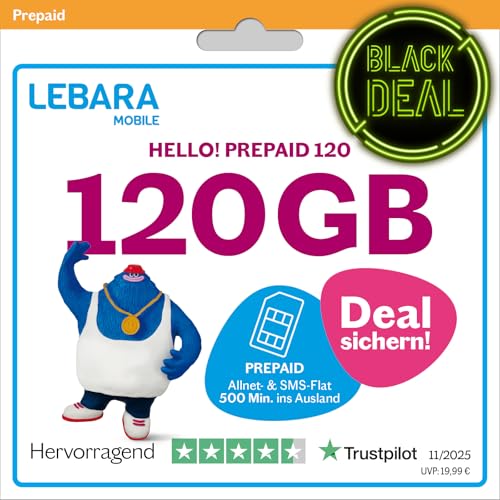 LEBARA Prepaid SIM-Karte mit Hello! 120 Prepaid Tarif ohne Vertrag | Allnet Flat Telefonie & SMS, 120 GB Datenvolumen inkl. 5G und 500 Frei-Min. ins Ausland… LEBARA Prepaid SIM-Karte mit Hello! 120 Prepaid Tarif ohne Vertrag | Allnet Flat Telefonie & SMS, 120 GB Datenvolumen inkl. 5G und 500 Frei-Min. ins Ausland…