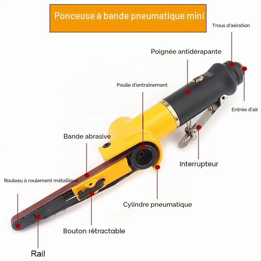SI FANG Mini Ponceuse à Bande Pneumatique10x330mm14Pcs Abrasifs Bois Métal | Mini-ponceuse pneumatique permettant un ponçage précis dans les recoins étroits, destinée au polissage du métal et du bois
