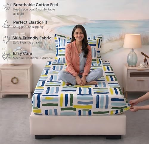 Image of BSB HOME 220 TC Cotton Fitted Single Bedsheet with 1 Pillow Cover, Soft Breathable, Elastic Fit, Fade Resistant, Easy Care - 36 x 72 + 6 Inches (Ocean Breeze Multi)