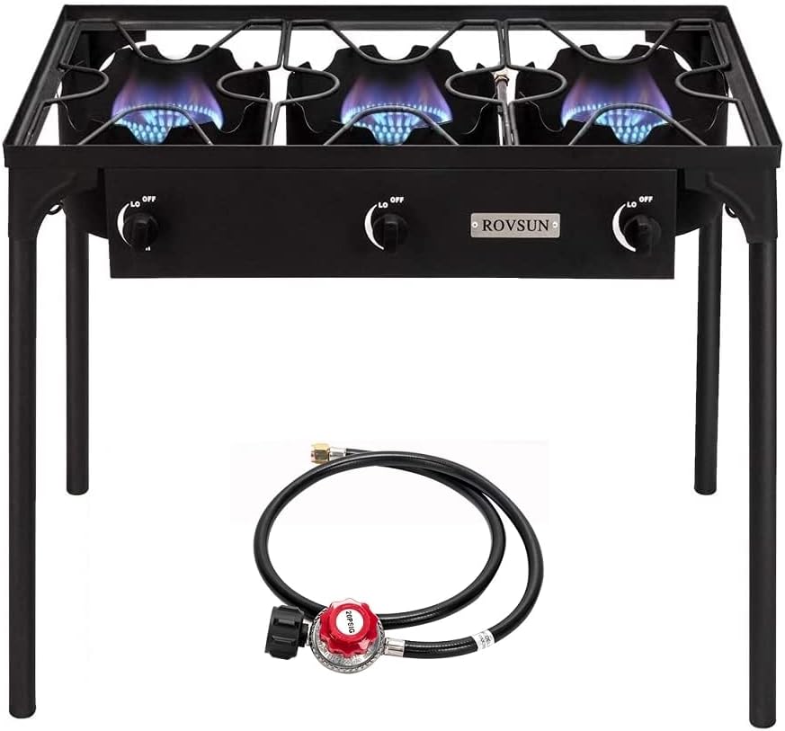 ROVSUN 3 Burner Outdoor Propane Gas Stove High Pressure 225,000 BTU Stand Cooker for Backyard Cooking Camping Home Brewing Canning Turkey Frying, 20 PSI CSA Listed Regulator