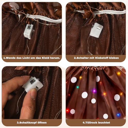 GEVECORI Reh Kostüm Damen, Karneval Kostüm mit LED Brauner Tüllrock, Rentier Haarreif Reh Gesichtstattoo, Beinwärmer Armstulpen, Faschingskostüme für Fasching, Karneval Weihnachtskostüm