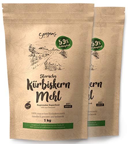 Senger's 2 KG Kürbiskernmehl teilentölt, geröstet und Glutenfrei - 59% Protein Kürbiskerne Pulver veganes glutenfreies Mehl (2 KG)
