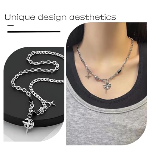 Image of 2Pcs Gothic Jewellery, Crescent Black Diamond Star Necklace, Silver Chain for Men, Punk Style Necklace for Women, Stylish Gothic Fashion Accessory for Everyday Wear and Special Occasions