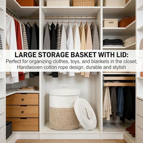 Evolkult Extra Large storage baskets, Cotton Rope Woven Laundry Basket with Lid, 12" x 13.5" Large Round Storage Basket for Bedroom, Living Room & Bathroom,C - 5