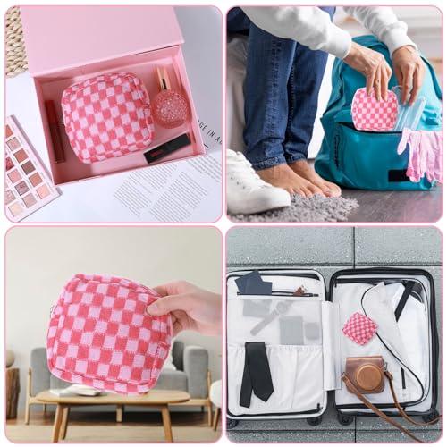 Image of Piriuuo Period Bag for Teen Girls, Corduroy Sanitary Napkin Storage Bag Portable Period Pouch with Zipper Pink Checkered Menstrual Pad Bag Soft Tampon Holder for Purse