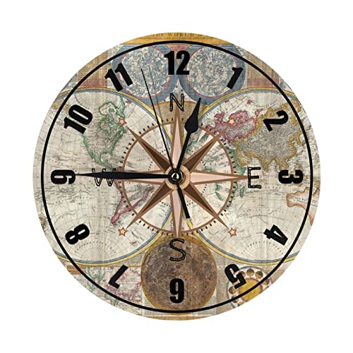 Wgnnvot Nautical Map World Compass Rose Travel 10 Inch Design Round Classic Wall Clock Battery Operated For Home Decorative Living Room Bathroom Office #TOP4
