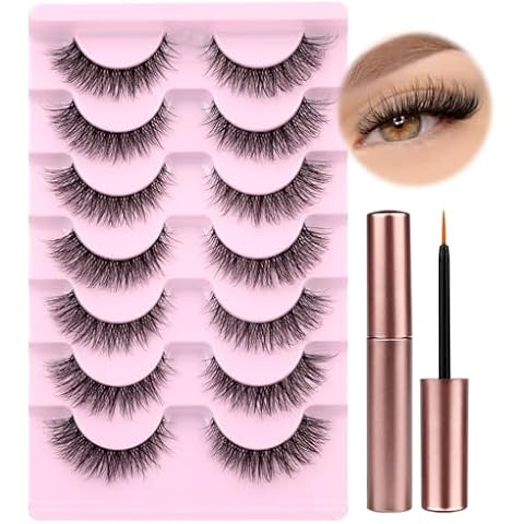 wiwoseo Natural Wispy Fluffy Lashes with Glue Cat Eyes Mink Lashes Clear Band Eyelashes with Glue Kit Russian Strip Lashes Natural Look False Eyelashes Extension Strip Lashes D Curly 7 Pairs Pack Cover