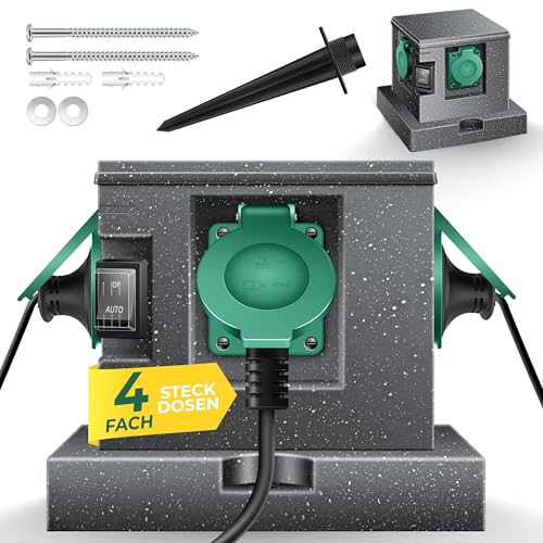 KESSER® Gartensteckdose Steinoptik mit 4 Steckplätzen Inkl. Erdspieß, Mehrfachsteckdosen aussen