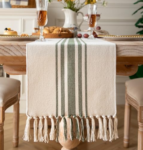 Caflife Boho Table Runner for Modern Farmhouse Decor, Dining Table décor 13 x 72 Inch Long with Handcrafted Tassels, Green and Beige Stripe Table Runner for Home Boho décor