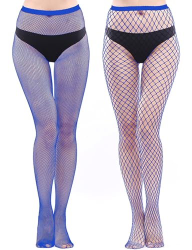 Lovineven Womens High Waisted Fishnet Tights - Elastic One Size Fits Most (Under 59 & 160lbs) - Comfortable Sheer Mesh Pantyhose for Cosplay Rave Date Night(Blue S L)
