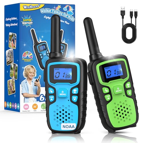 Image of Wishouse Walkie Talkies for Kids Rechargeable Long Range,Xmas Birthday Gift for 4 5 6 7 8 9 Year Old Boys Girls,Hiking Gear Camping Games Cool Toys with NOAA,SOS Siren,Lamp,Lanyards,Easy to Use,2 Pack