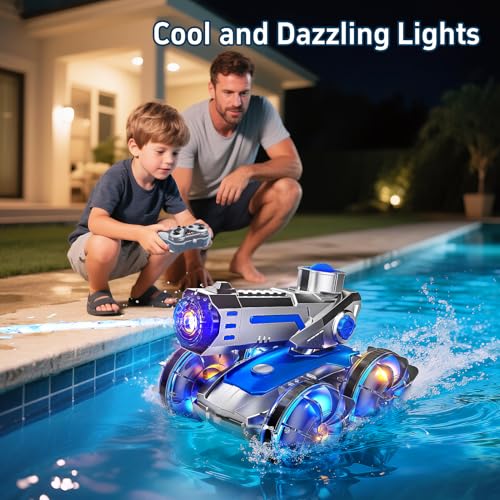 Image of Amphibious RC Stunt Car with Water Gun Lights Waterproof Pool Toy for Kids | 2 in 1 amphibious remote control stunt car, runs smoothly on land & water, works as waterproof rc boat for pool & beach play