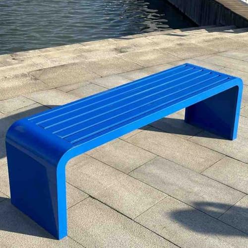 Banc de jardin bleu 120 cm en métal sans dossier style ferme pour terrasse et porche