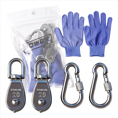 5 Pcs Pulley System Block Set 304 Stainless Steel M20 Lifting Pulley M6 carabiners Non-Slip Gloves Towing of Items and Suspension of Loads for garden garage Boat Indoor Outdoor Lifting.
