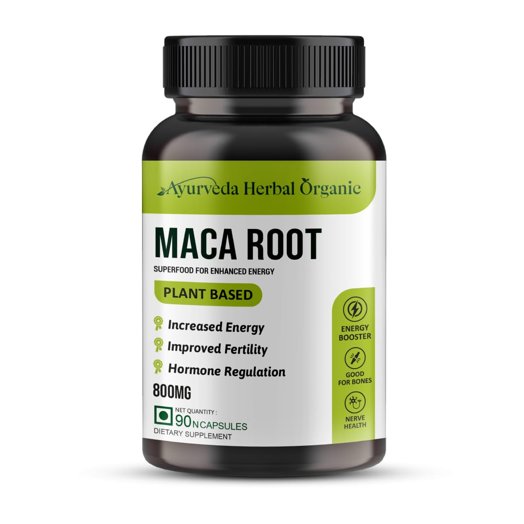 Ayurveda Herbal Organic Maca Root Extract 800Mg | Help In Reproductive Growth | Improves Energy And Stamina - 90 Vegetarian Capsules