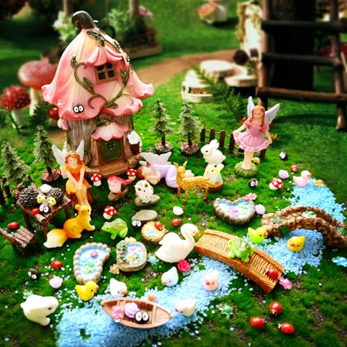 115 Pcs Fairy Garden Accessories Outdoor Kit Mini Fairy House Decor Resin Mushroom Cottage with Elves, Deer, Bunny, Squirrel, Owl Figurines for Miniature Garden, Yard, DIY Village Decoration