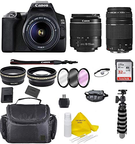 Canon EOS 250D / Rebel SL3 Digital SLR Camera Body w/Canon EF-S 18-55mm f/3.5-5.6 Lens 3 Lens DSLR + Canon 75-300 lens Kit Bundled with Complete Accessory Bundle - International Model +TOPKNOTCH Cloth