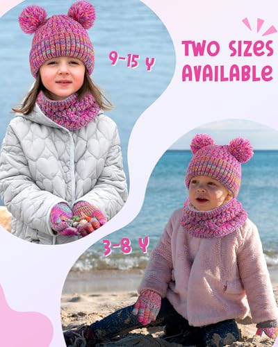 HONGTEYA 4 Pcs Kids Winter Hat Gloves Scarf Set, Thicken Warm Toddler Beanie Mittens Neck Warmer Set for Boys Girls 3-15 7