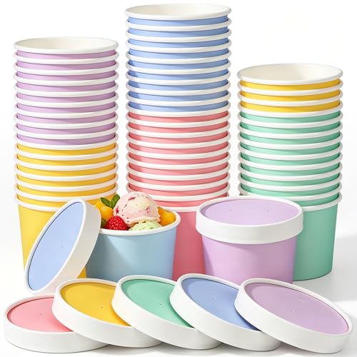 Image of Ruisita 50 Pack Disposable Bowls with Lids 8 oz Paper Cups Ice Cream Containers with Lids Leak-proof Soup Bowls Dessert Sundae Cups Cold or Hot Food for Birthday Picnic School Party Supplies, Pastel