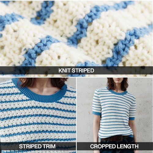 Image of URBAN REVIVO Women's Short Sleeve Sweaters Crewneck Knit Tops Casual Striped 2025 Trendy Soft Summer Blouses