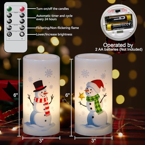 Image of Eldnacele Christmas Snowman Flameless Candles Battery Operated with Remote and Timer Real Wax Flickering LED Pillar Candles Xmas Holiday Indoor Decor(2 Pack, 3 inch D x 6 inch H)