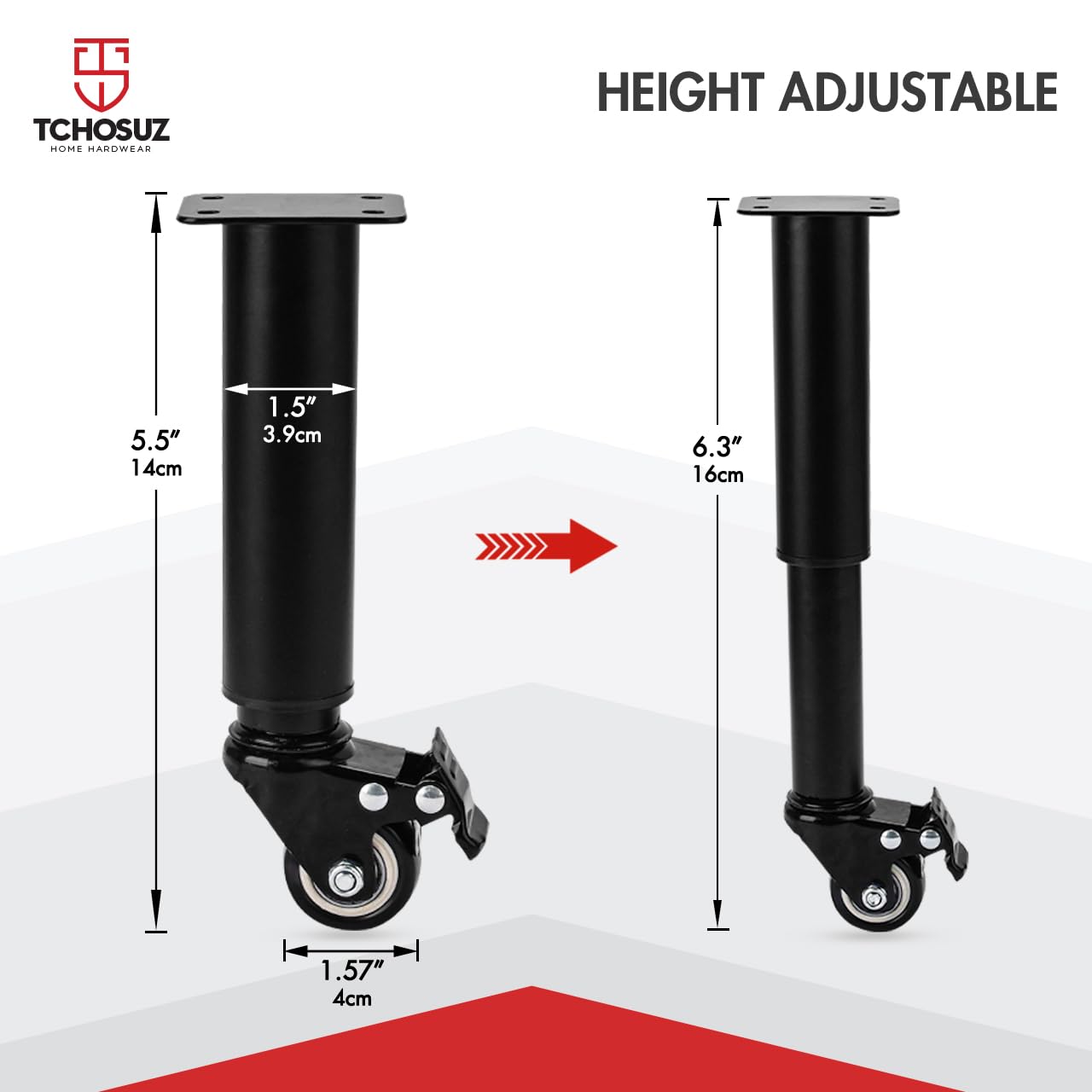 TCHOSUZ 6 Inch / 14-16cm Adjustable Metal Furniture Legs with Casters Wheels - Image 2